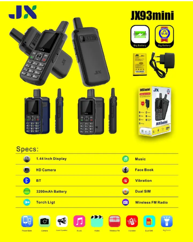 JX 93MINI DUAL SIM CARD WARELESS FM VIBRATION SCREEN 1.44’’HD CAMERA BLUETOOTH BATTERY 3200MAH TORCH AERIAL MOBILE PHONE KABAMBE BUTTON PHONE ON OFFER