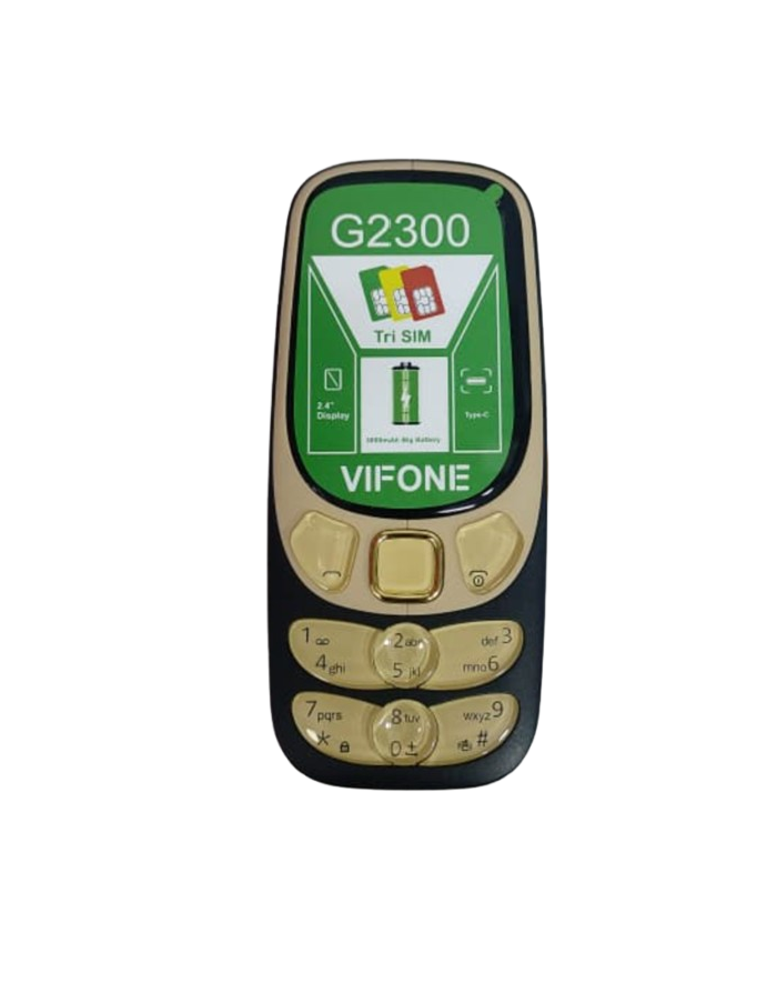 VIFONE G2300 TRI SIM THREE 3 SIM CARD SLOTS SCREEN 2.4’’ BIG BATTERY 3000MAH TYPE-C FLASH LIGHT FM RADIO CAMERA BUTTON KABAMBE MOBILE PHONES 1 YEAR WARRANTY TYPE-C CHARGER FEATURE PHONE ON OFFER