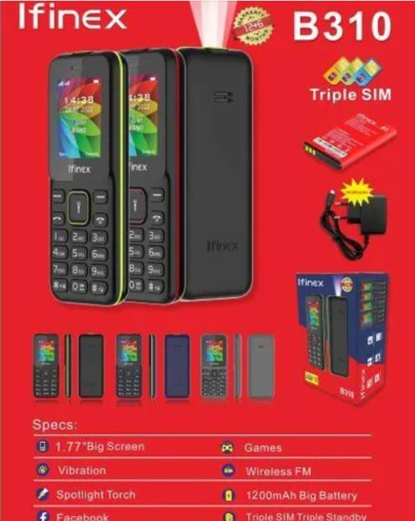 IFINEX B310 KABAMBE PHONE SCREEN 1.77’’ TRIPLE SIM THREE 3 SIM CARD SLOTS BATTERY 1200MAH BIG TORCH VIBRATION WIRELESS FM RADIO KATULULU BUTTON MOBILE PHONE ON OFFER