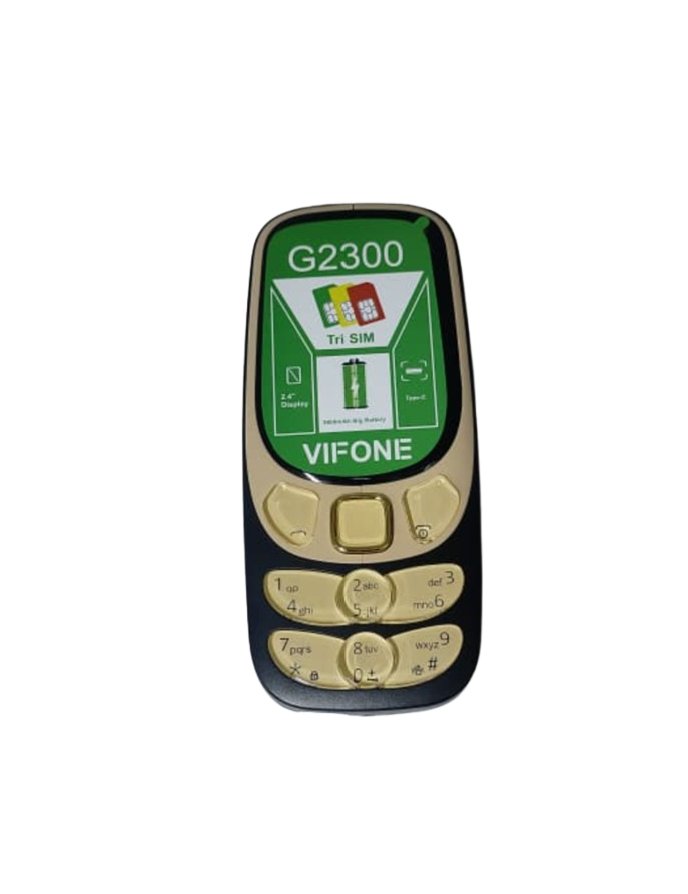 VIFONE G2300 TRI SIM THREE 3 SIM CARD SLOTS SCREEN 2.4’’ BIG BATTERY 3000MAH TYPE-C FLASH LIGHT FM RADIO CAMERA BUTTON KABAMBE MOBILE PHONES 1 YEAR WARRANTY TYPE-C CHARGER FEATURE PHONE ON OFFER