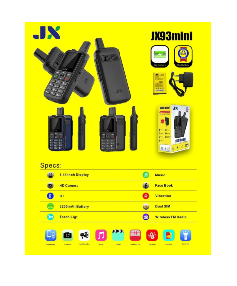 JX 93MINI DUAL SIM CARD WARELESS FM VIBRATION SCREEN 1.44’’HD CAMERA BLUETOOTH BATTERY 3200MAH TORCH AERIAL MOBILE PHONE KABAMBE BUTTON PHONE ON OFFER