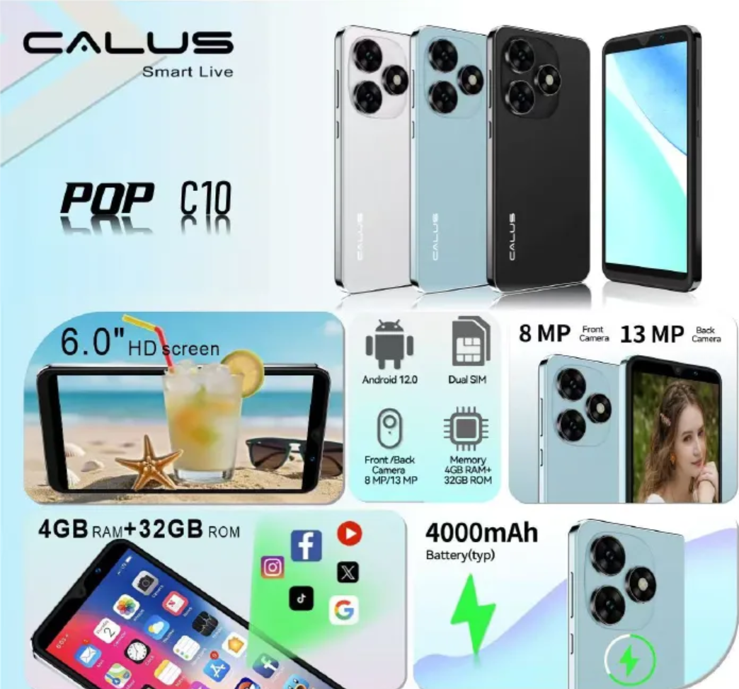 CALUS POP C10 SCREEN 6’’ BATTERY 4000MAH STORAGE 32GB ROM+4GB RAM DUAL SIM CAMERA FRONT:8MP+BACK 13MP FACE UNLOCK DUAL SPEAKERS ANDROID 12 FACE UNLOCK NEW SMART PHONE ON OFFER