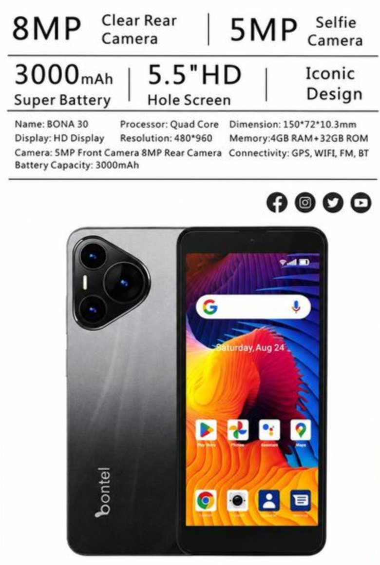 [NEW ARRIVAL] BONTEL BONA 30 STORAGE 32GB ROM+4GB RAM CAMERA: 8MP REAR+5MP FRONT BATTRY 3000MAH SCREEN 5.5’’ FM RADIO BRAND NEW SMART PHONE ON OFFER