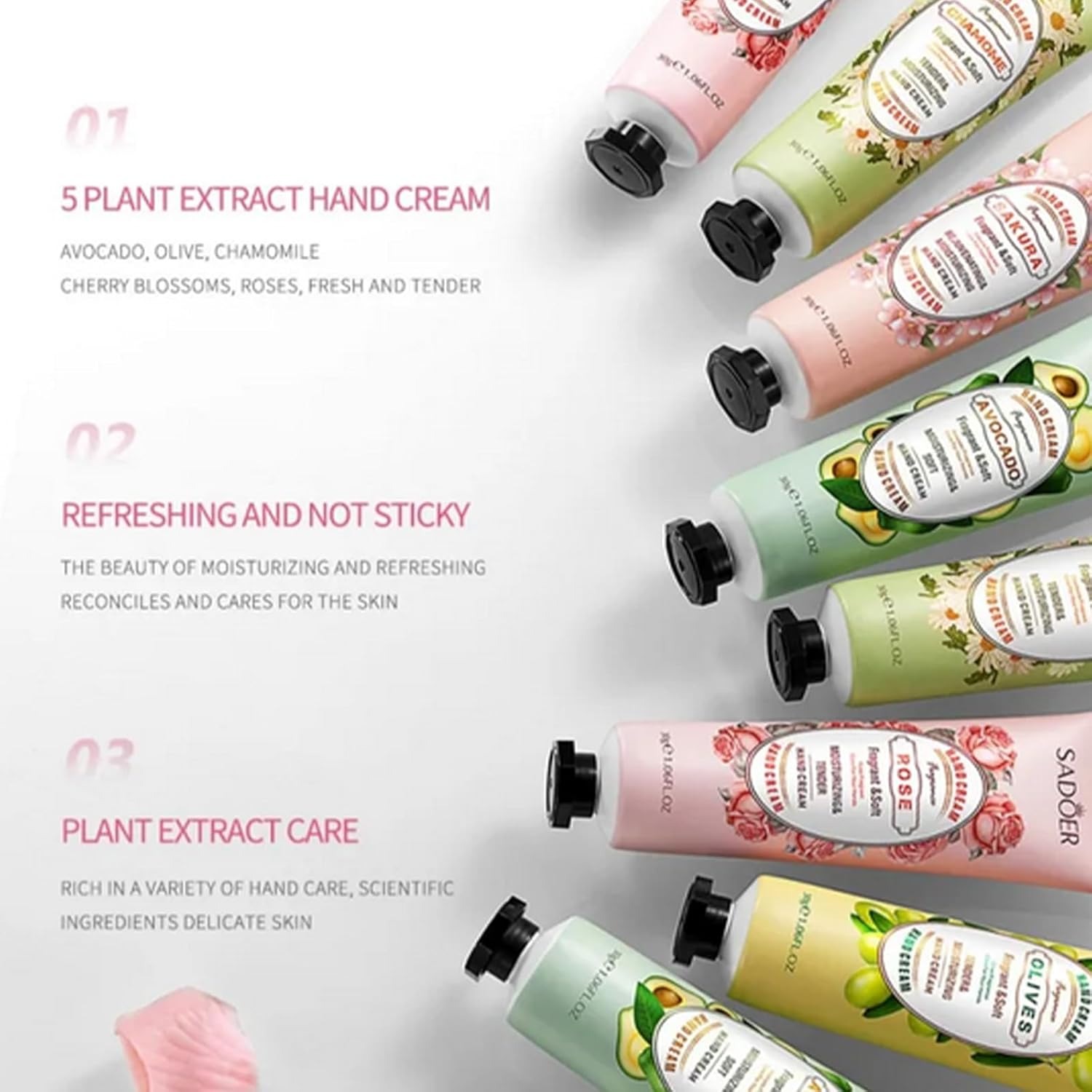 Sadoer Hand cream set, 5 * 30g colorful flower and fruit plant extract moisturizing hand cream, anti-cracking hydrating hand cream, refreshing and not greasy, smoothing skin and removing roughness
