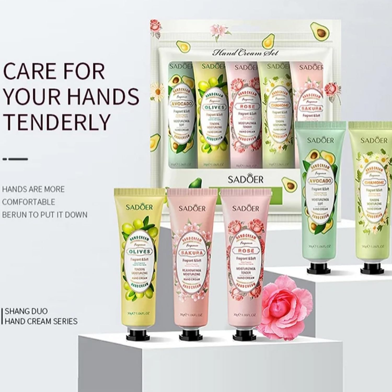 Sadoer Hand cream set, 5 * 30g colorful flower and fruit plant extract moisturizing hand cream, anti-cracking hydrating hand cream, refreshing and not greasy, smoothing skin and removing roughness