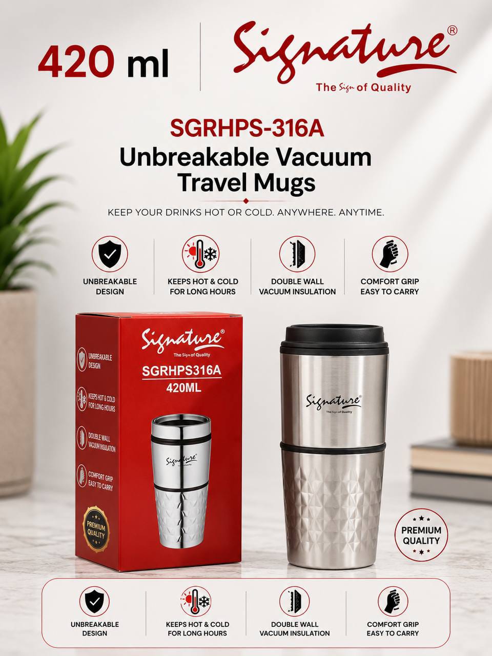 Signature SGRHPS-316A 420 ml Unbreakable Vacuum-insulated Travel Coffee /Tea Mug or Cup