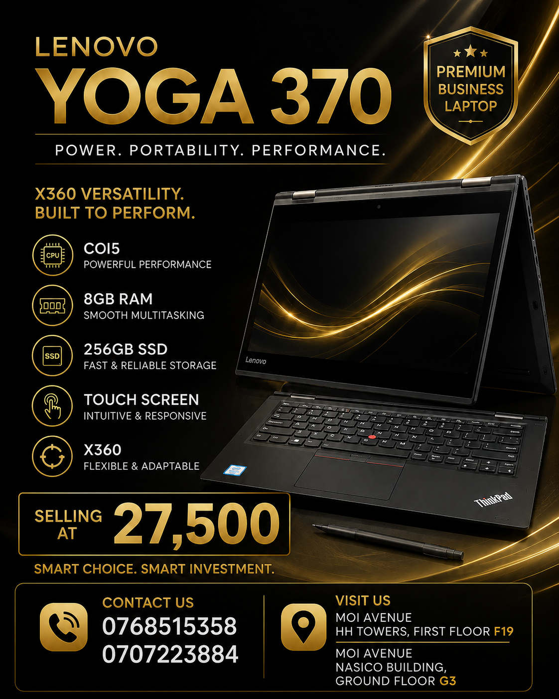 BEST LAPTOP LENOVO YOGA 370 INTEL CORE I5 WITH 8GB RAM MEMORY 256GB SSD TOUCH SCREEN AND X360 WITH A STYLUS PEN 13.5 INCHES WITH ACTIVATED WINDOWS AND OFFICE