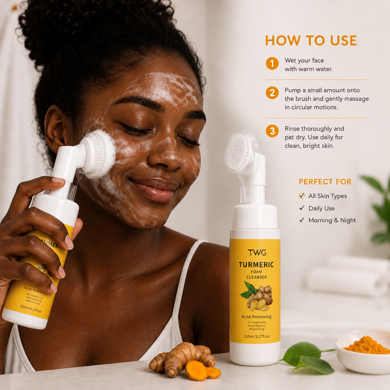 TWG Turmeric Cleanser Deep Cleansing Anti Acne Moisturizing Turmeric Face Wash With Brush Whitening