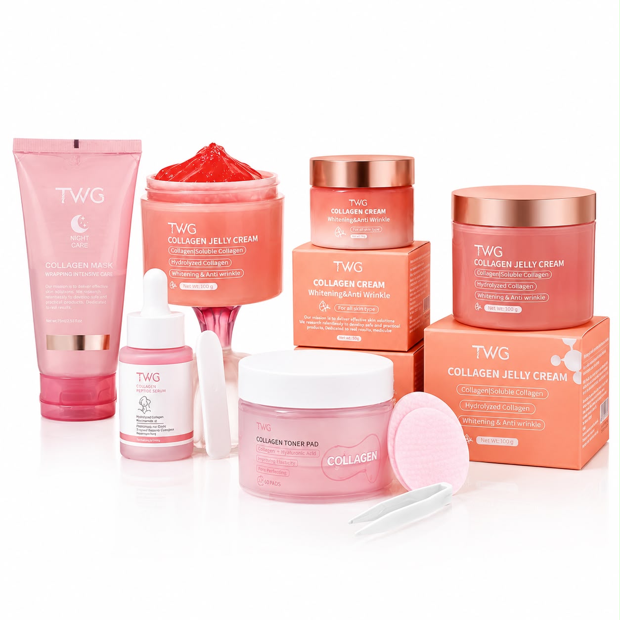 TWG Collagen Face Cream Anti-aging Peeling Off Collagen Face Mask Beauty Hydrating Anti Wrinkle Whitening Collagen Skin Care Set (5PCS)