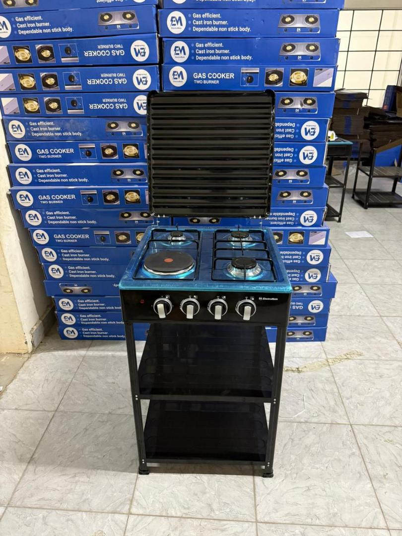 Electromate 3 Gas 1 Electric Standing Cooker with Shelves Deluxe Kitchen Stove 4 Burner Cooker with Electric Hot Plate Storage Racks Durable Fast Heating Home Appliance