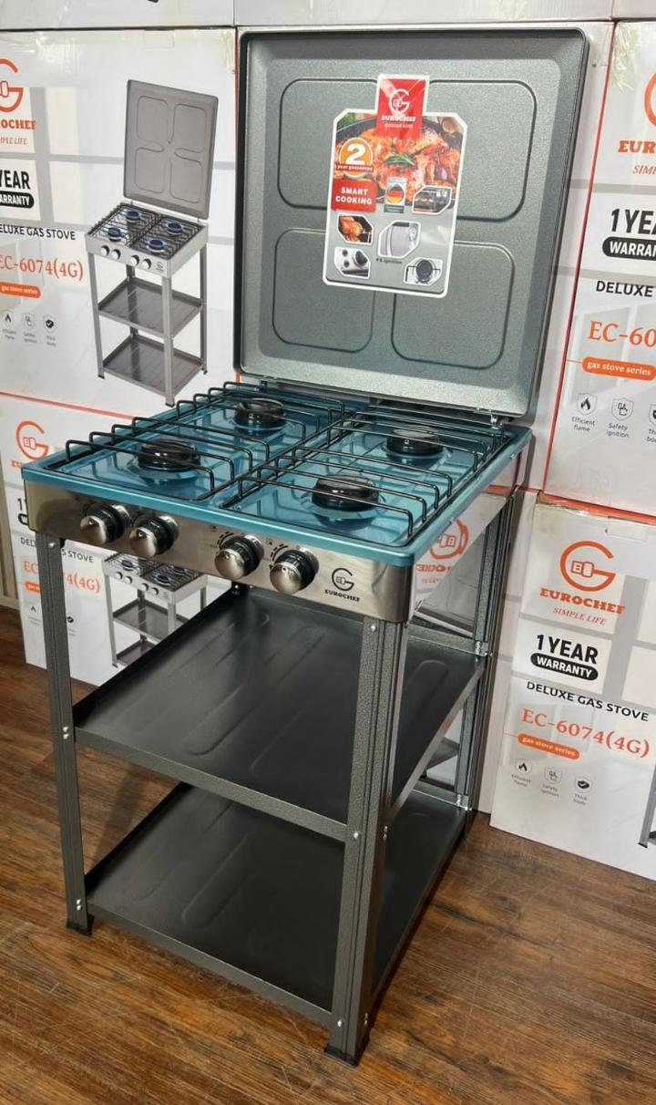 Eurochef Full Gas Standing Cooker with Shelves Deluxe Kitchen Stove 4 Burner Cooker with gas Plate Storage Racks Durable Fast Heating Home Appliance