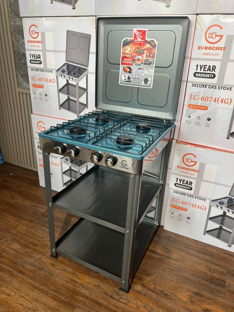 Eurochef Full Gas Standing Cooker with Shelves Deluxe Kitchen Stove 4 Burner Cooker with gas Plate Storage Racks Durable Fast Heating Home Appliance
