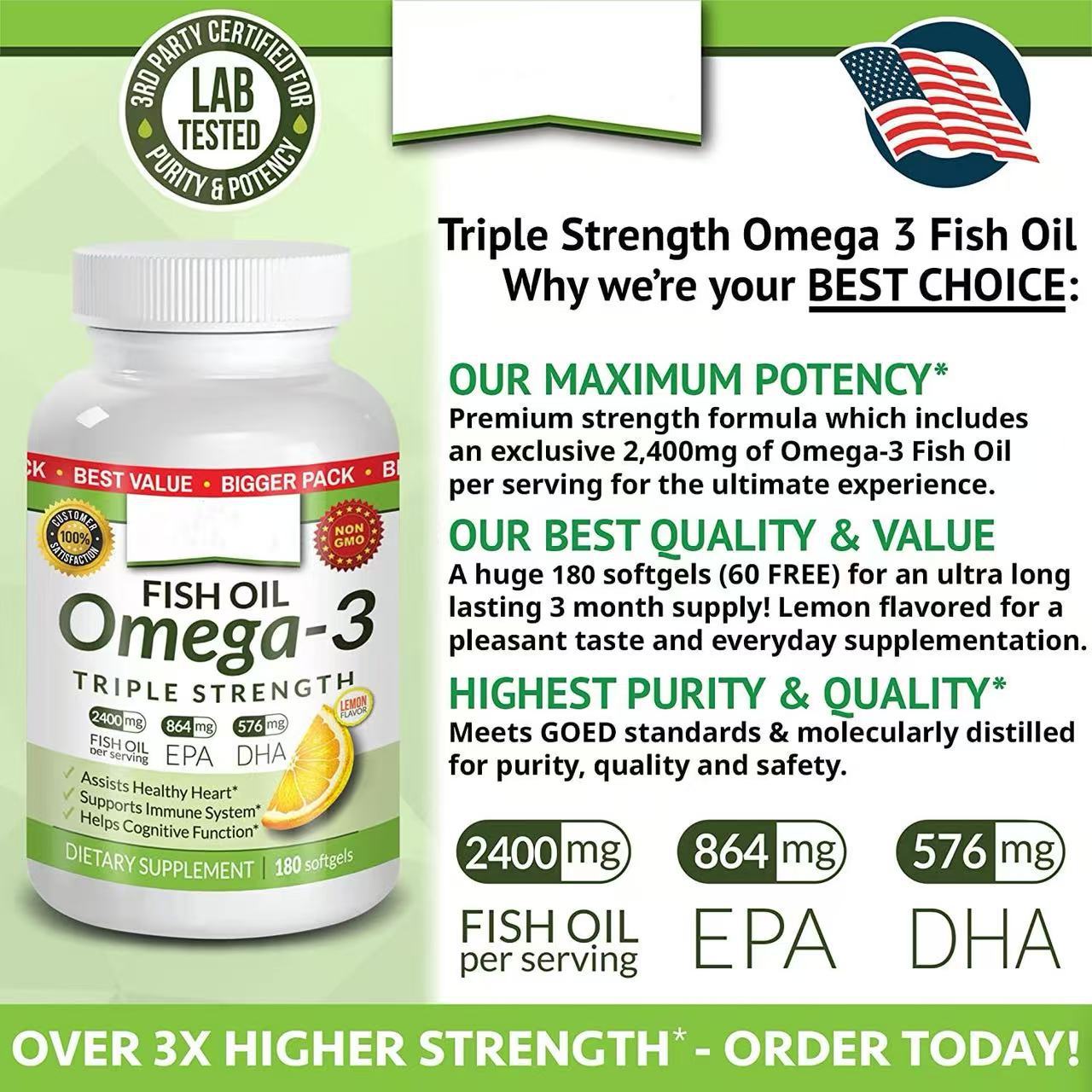 Omega-3 Fish Oil Softgels 180 Capsules – High Potency EPA & DHA Supplement for Heart, Brain & Joint Health | Burpless, Non-GMO Dietary Supplement