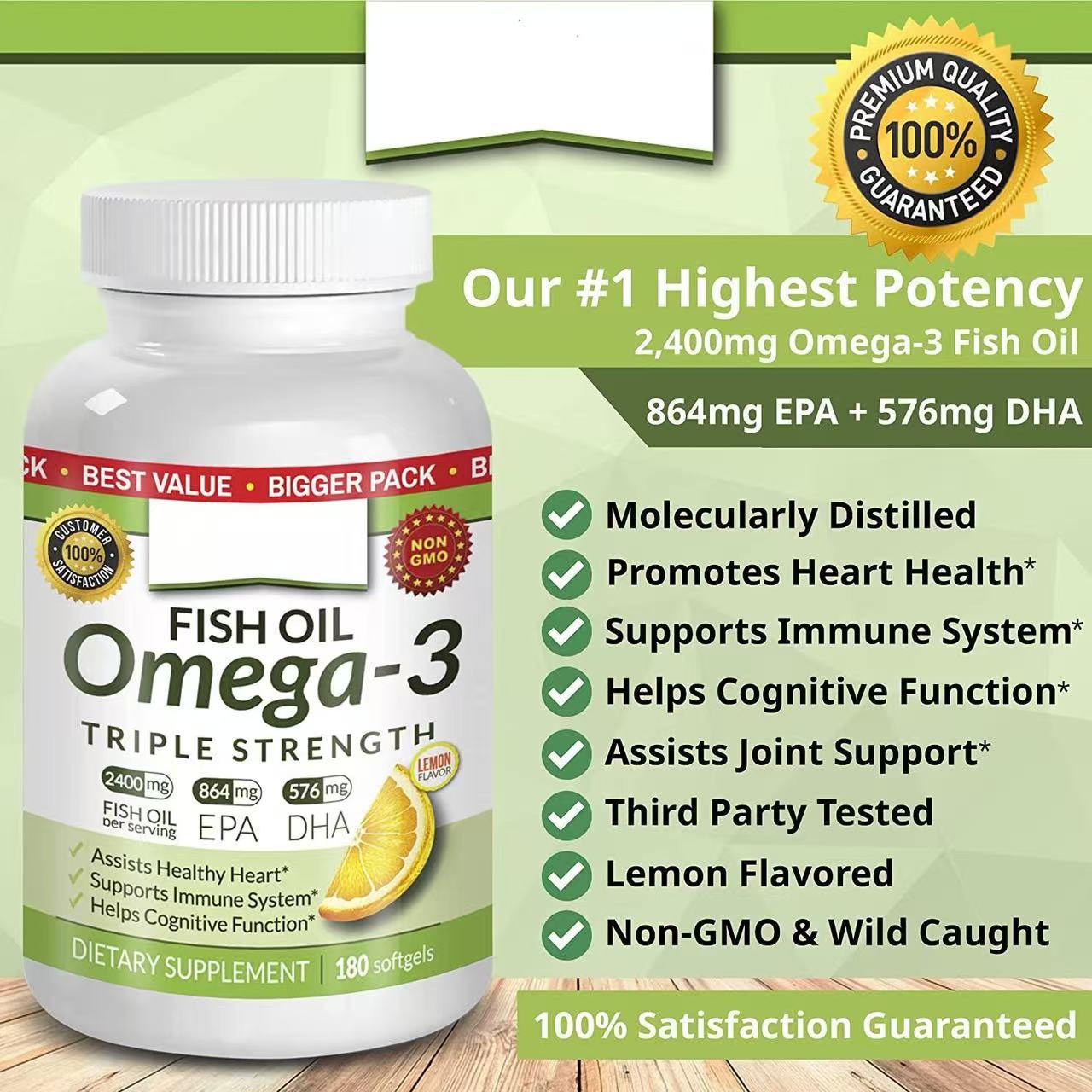 Omega-3 Fish Oil Softgels 180 Capsules – High Potency EPA & DHA Supplement for Heart, Brain & Joint Health | Burpless, Non-GMO Dietary Supplement