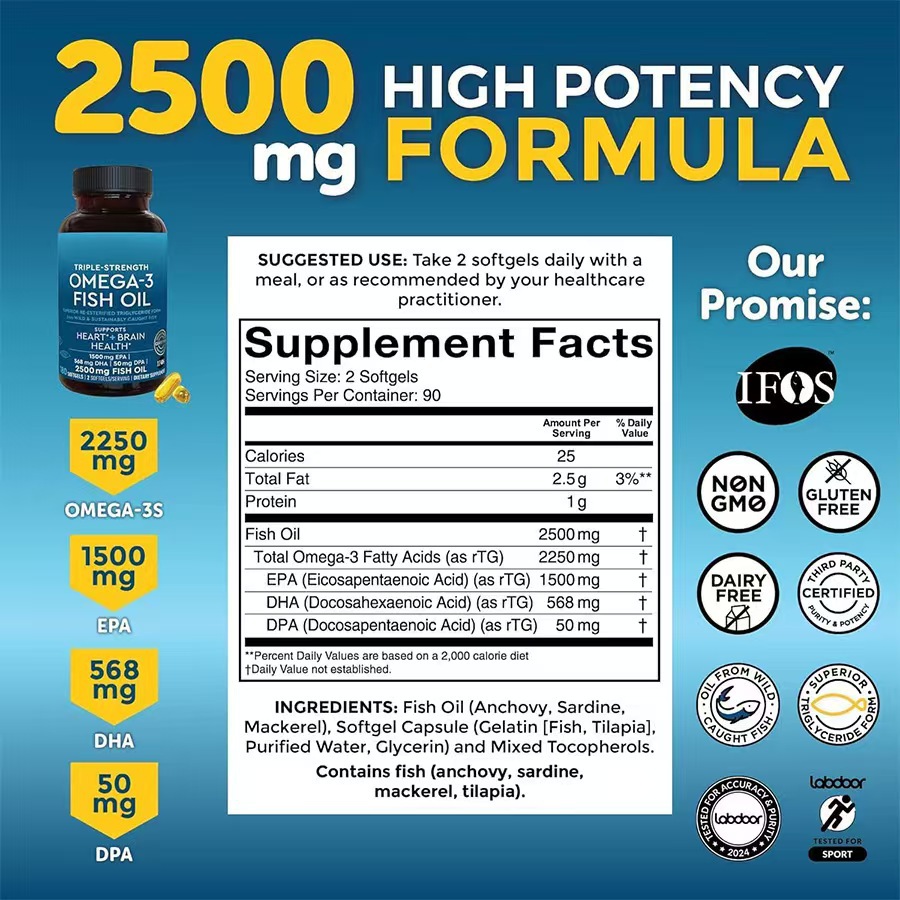 Omega 3 Fish Oil Softgels 180 Capsules - High Strength EPA DHA Heart Brain Joint Health Supplement for Men Women | Cholesterol Support