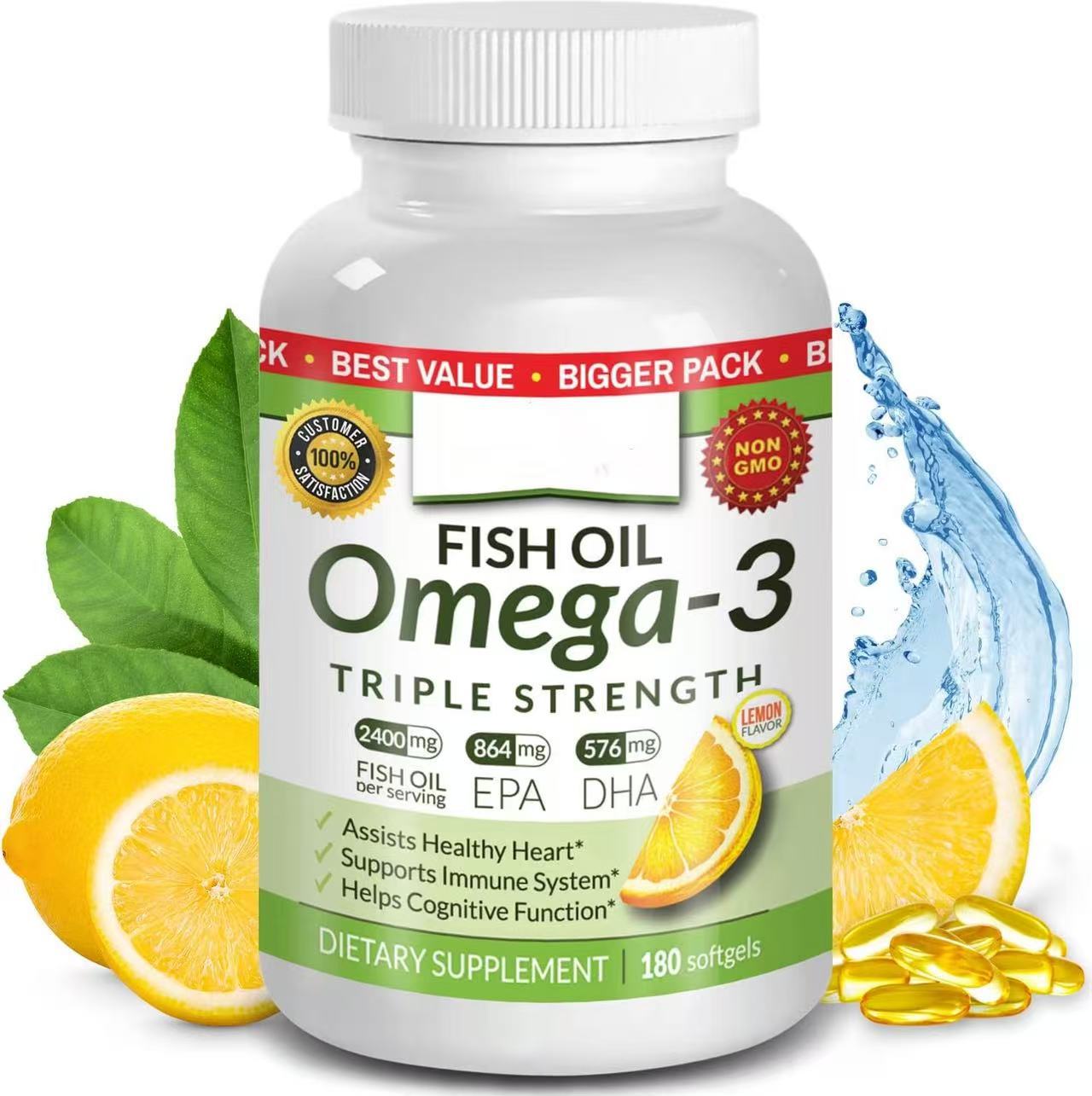 Omega-3 Fish Oil Softgels 180 Capsules – High Potency EPA & DHA Supplement for Heart, Brain & Joint Health | Burpless, Non-GMO Dietary Supplement