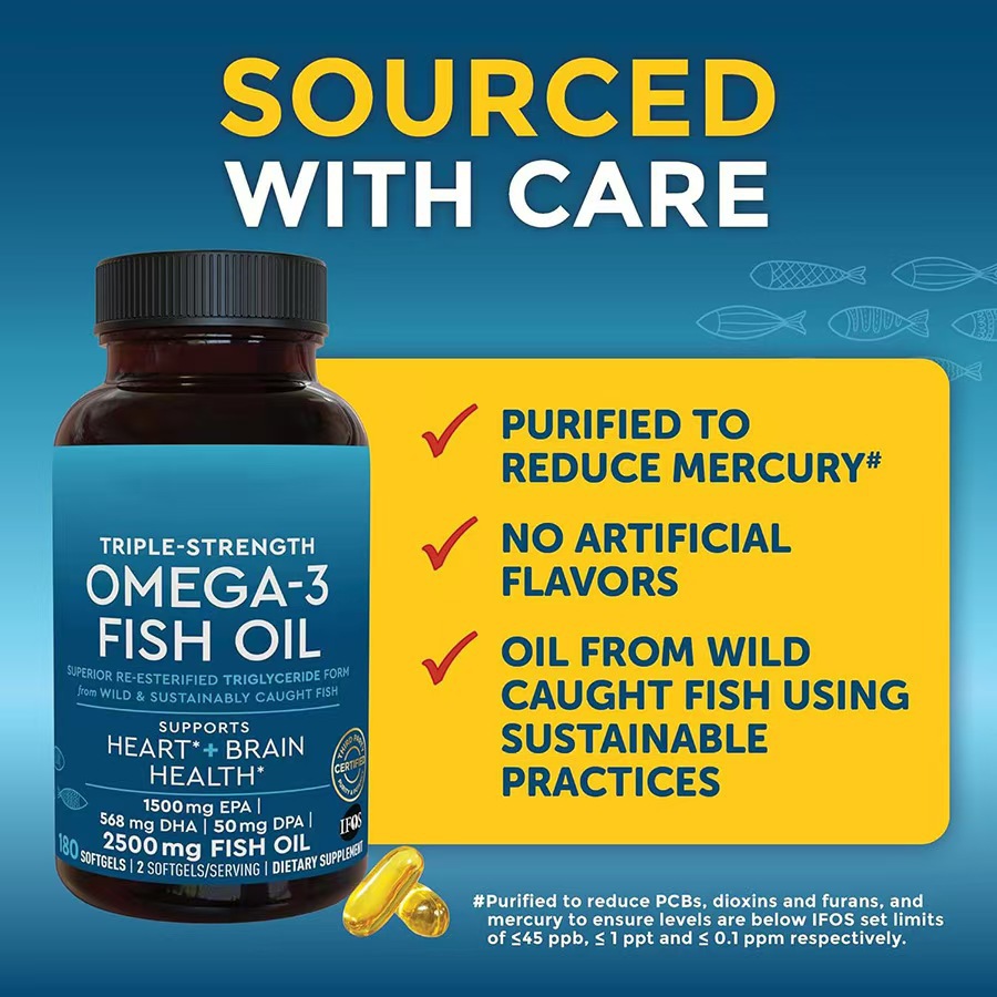 Omega 3 Fish Oil Softgels 180 Capsules - High Strength EPA DHA Heart Brain Joint Health Supplement for Men Women | Cholesterol Support