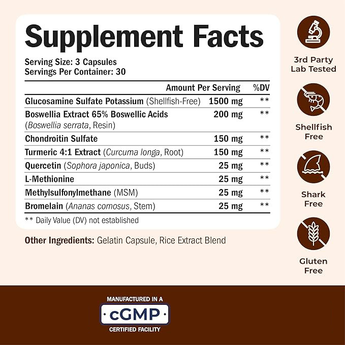 Glucosamine Chondroitin MSM Turmeric Joint Capsules 90 Pcs – 8-in-1 Formula 1500mg | Knee Elbow Bone Health | Shellfish Free Non-GMO cGMP