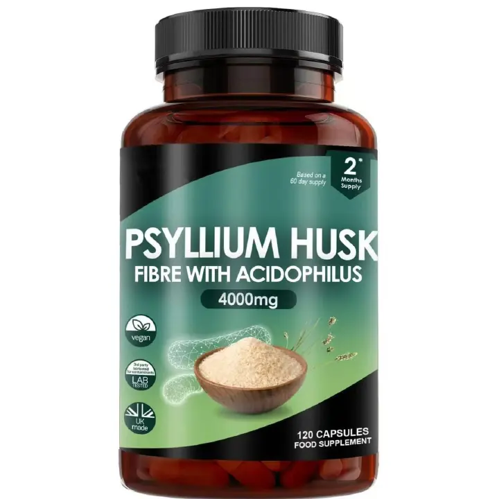 Psyllium Husk 4000mg Fibre Capsules with Probiotic Acidophilus – 120 Capsules | High Strength Soluble Fiber Supplement for Gut Health, Digestion & Constipation Relief | Vegan, Non-GMO, Lab Tested
