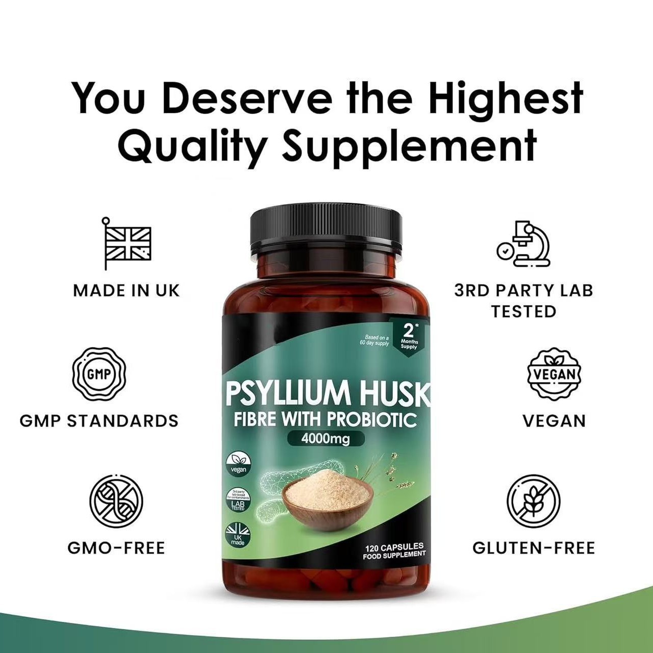Psyllium Husk 4000mg Fibre Capsules with Probiotic Acidophilus – 120 Capsules | High Strength Soluble Fiber Supplement for Gut Health, Digestion & Constipation Relief | Vegan, Non-GMO, Lab Tested