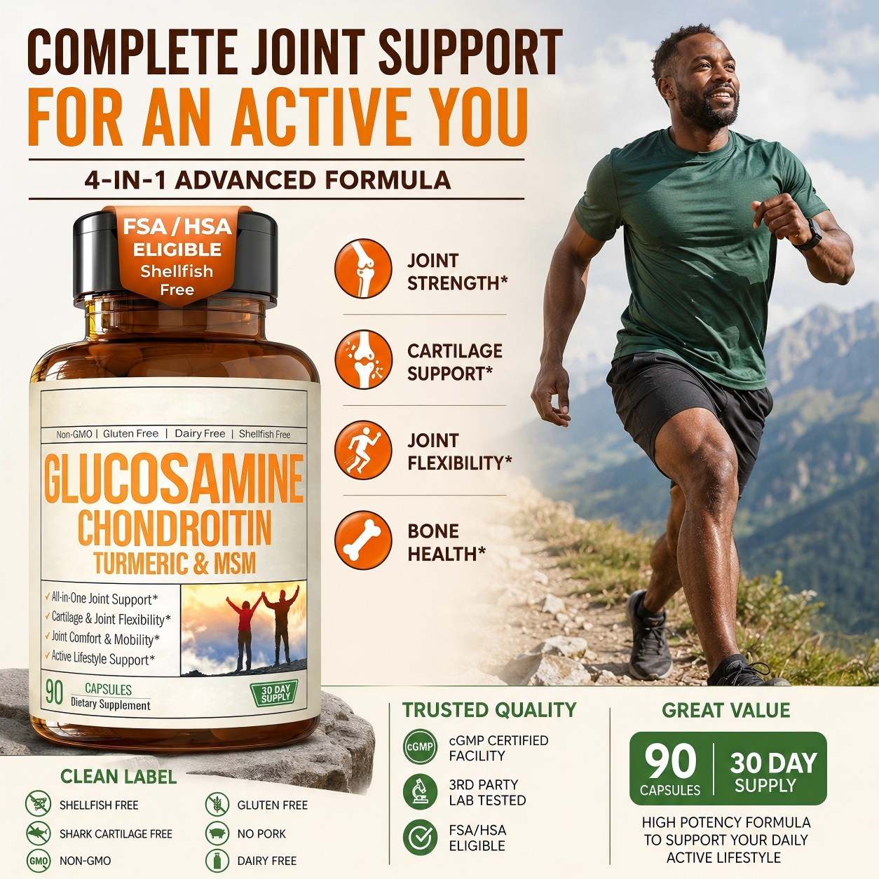 Glucosamine Chondroitin MSM Turmeric Joint Capsules 90 Pcs – 8-in-1 Formula 1500mg | Knee Elbow Bone Health | Shellfish Free Non-GMO cGMP
