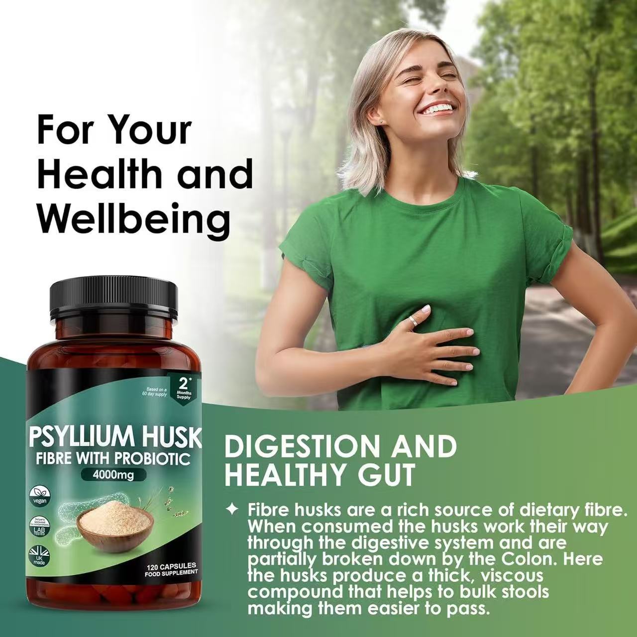 Psyllium Husk 4000mg Fibre Capsules with Probiotic Acidophilus – 120 Capsules | High Strength Soluble Fiber Supplement for Gut Health, Digestion & Constipation Relief | Vegan, Non-GMO, Lab Tested