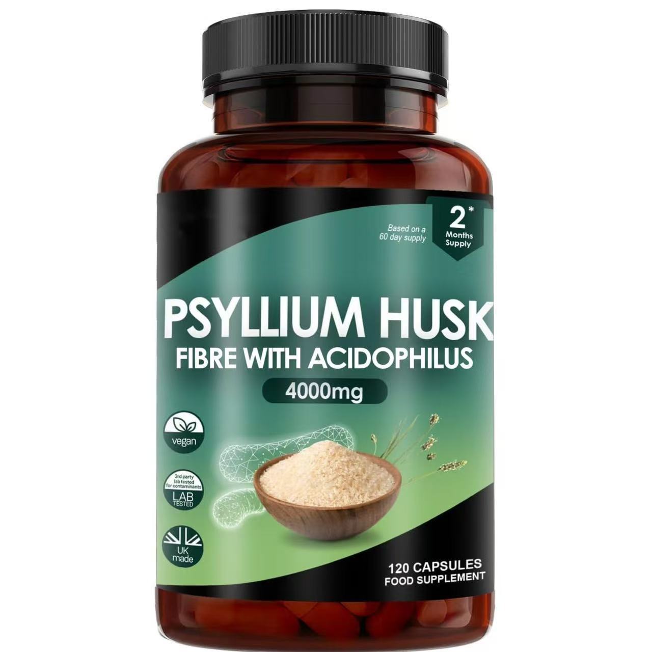 Psyllium Husk 4000mg Fibre Capsules with Probiotic Acidophilus – 120 Capsules | High Strength Soluble Fiber Supplement for Gut Health, Digestion & Constipation Relief | Vegan, Non-GMO, Lab Tested