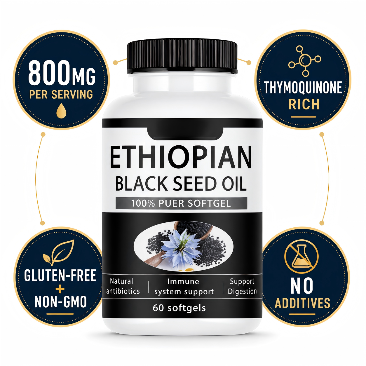 Ethiopian Black Seed Oil Softgels 60 Capsules – Pure Nigella Sativa Cold Pressed | Immune Support, Anti-Inflammatory & Metabolism Boost | Rich in Thymoquinone | Premium Wellness Supplement