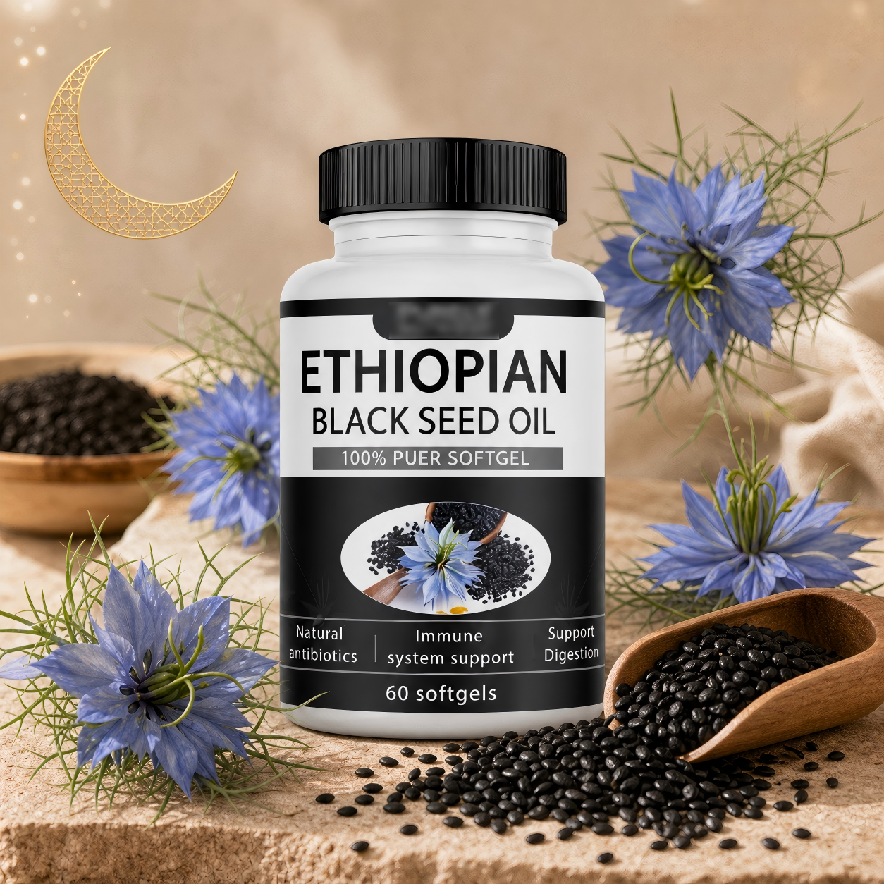 Ethiopian Black Seed Oil Softgels 60 Capsules – Pure Nigella Sativa Cold Pressed | Immune Support, Anti-Inflammatory & Metabolism Boost | Rich in Thymoquinone | Premium Wellness Supplement