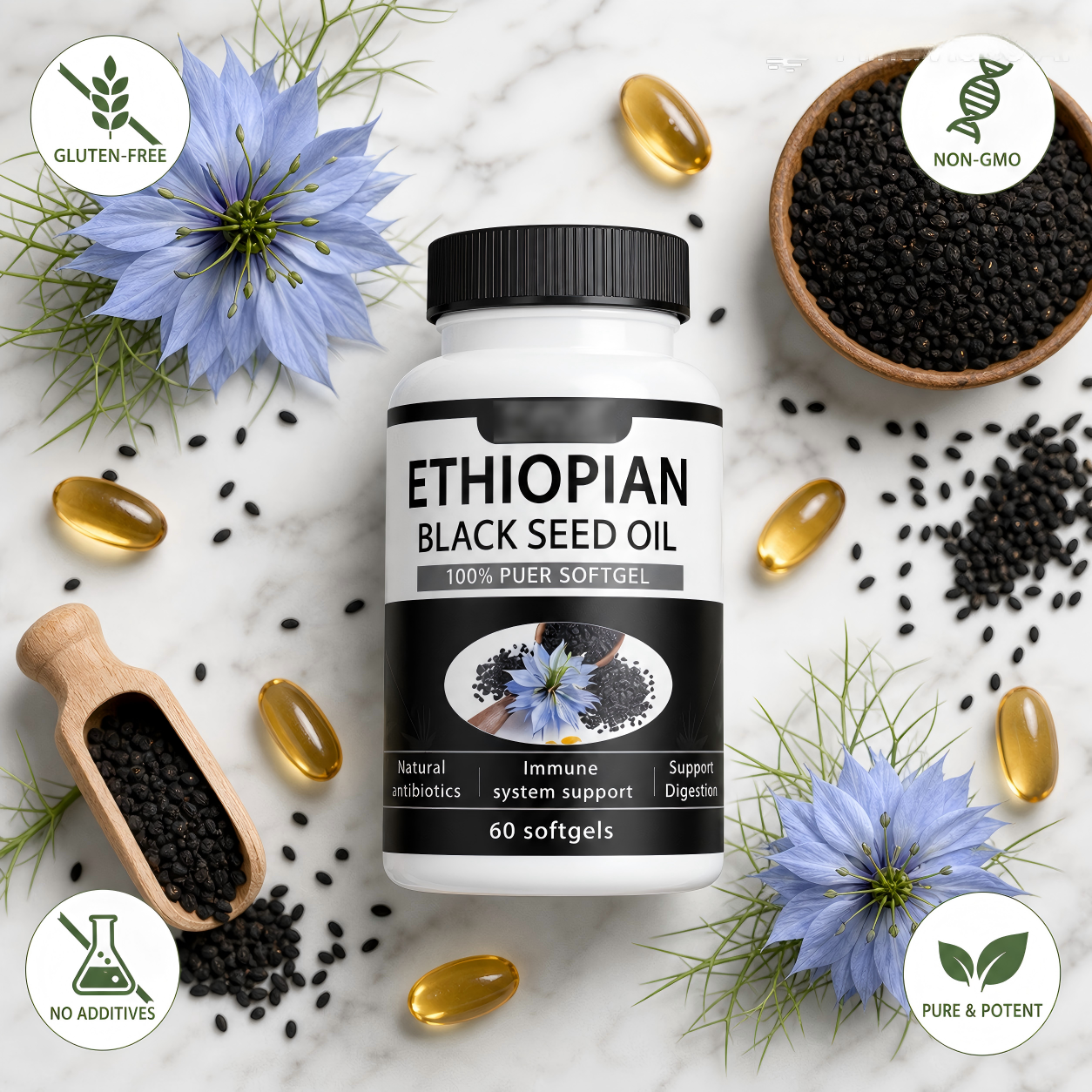 Ethiopian Black Seed Oil Softgels 60 Capsules – Pure Nigella Sativa Cold Pressed | Immune Support, Anti-Inflammatory & Metabolism Boost | Rich in Thymoquinone | Premium Wellness Supplement