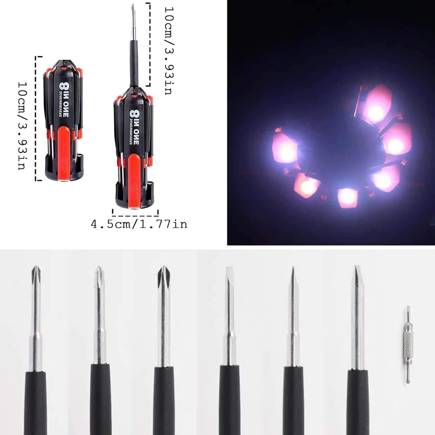 8 in 1 Screwdriver with Worklight and Flashlight, Multifunctional Screw Driver for Home Kitchen Car, Portable General Professional Set with 3 AAA Batteries