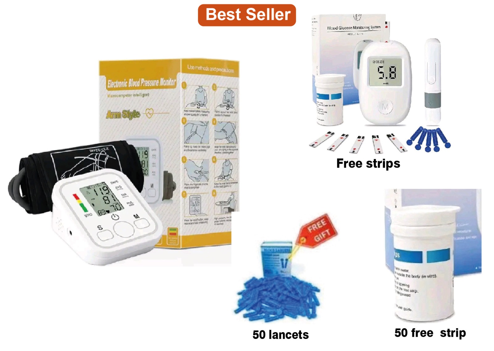 On Call Plus ORIGINAL Glucometer Blood Glucose Monitor Kit for Home Use, Accurate Blood Sugar Testing with FREE 50 Test Strips and 50 Lancets + Automatic Digital Blood Pressure Monitor for Upper Arm,
