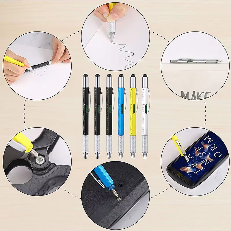 6 in 1 Multifunctional Pen Touch Screen Stylus Capacitive Pen with Screwdriver Ruler Levelgauge Refillable Ballpoint Pencil Tool