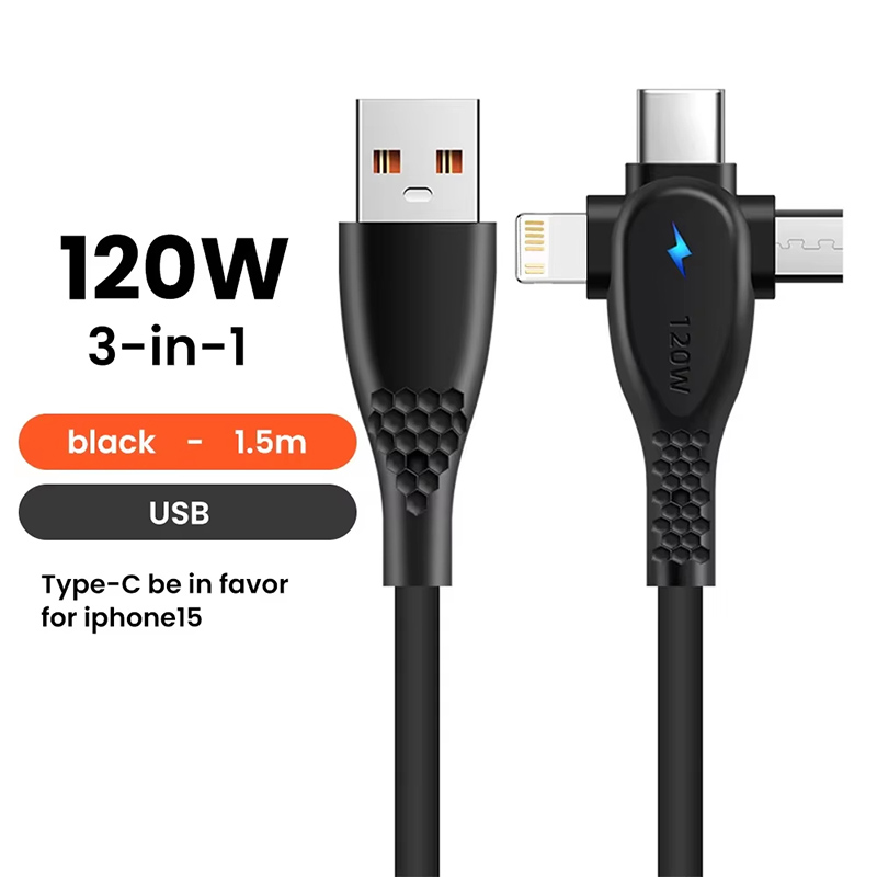 120W 3 in 1 Fast Charging Cable 2 in 1 USB Type C Cable Data Fast Charger Cable for iPhone Huawei Xiaomi Samsung