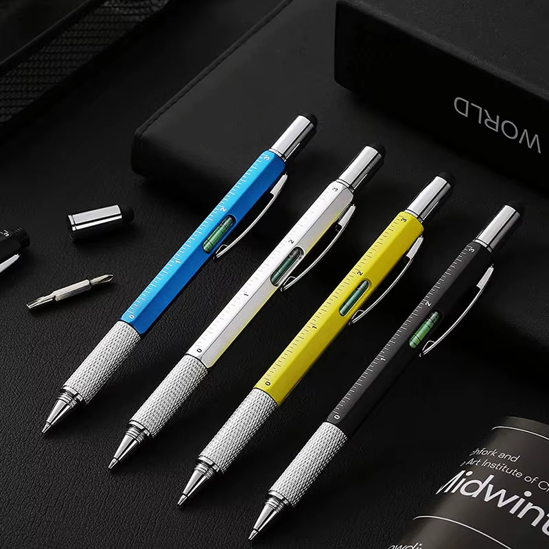6 in 1 Multifunctional Pen Touch Screen Stylus Capacitive Pen with Screwdriver Ruler Levelgauge Refillable Ballpoint Pencil Tool