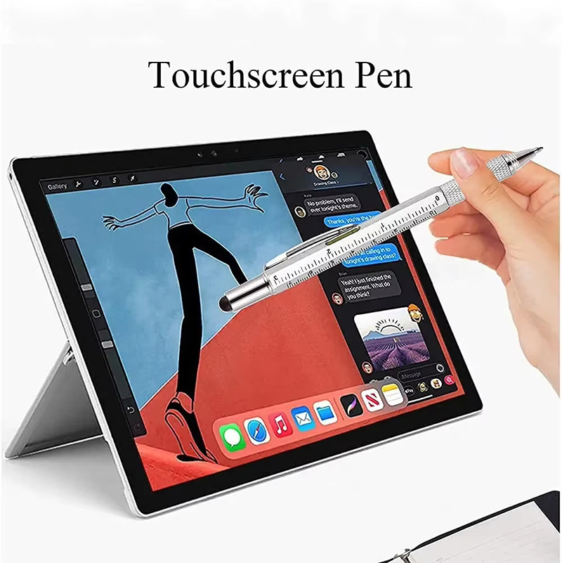 6 in 1 Multifunctional Pen Touch Screen Stylus Capacitive Pen with Screwdriver Ruler Levelgauge Refillable Ballpoint Pencil Tool