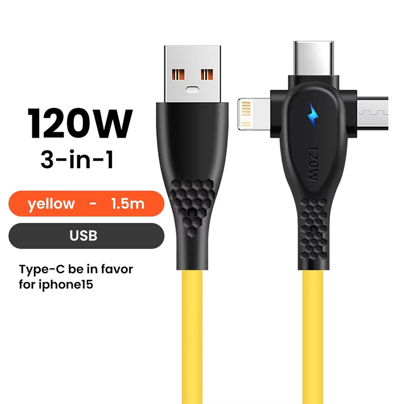 120W 3 in 1 Fast Charging Cable 2 in 1 USB Type C Cable Data Fast Charger Cable for iPhone Huawei Xiaomi Samsung