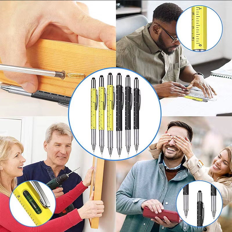 6 in 1 Multifunctional Pen Touch Screen Stylus Capacitive Pen with Screwdriver Ruler Levelgauge Refillable Ballpoint Pencil Tool