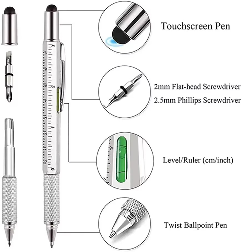 6 in 1 Multifunctional Pen Touch Screen Stylus Capacitive Pen with Screwdriver Ruler Levelgauge Refillable Ballpoint Pencil Tool