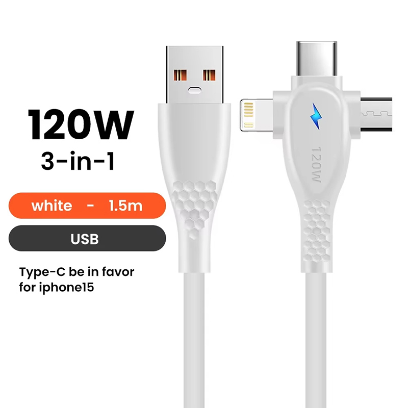 120W 3 in 1 Fast Charging Cable 2 in 1 USB Type C Cable Data Fast Charger Cable for iPhone Huawei Xiaomi Samsung