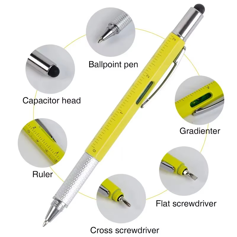 6 in 1 Multifunctional Pen Touch Screen Stylus Capacitive Pen with Screwdriver Ruler Levelgauge Refillable Ballpoint Pencil Tool