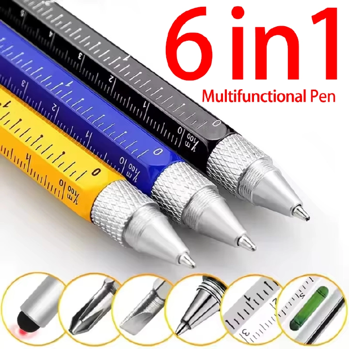 6 in 1 Multifunctional Pen Touch Screen Stylus Capacitive Pen with Screwdriver Ruler Levelgauge Refillable Ballpoint Pencil Tool