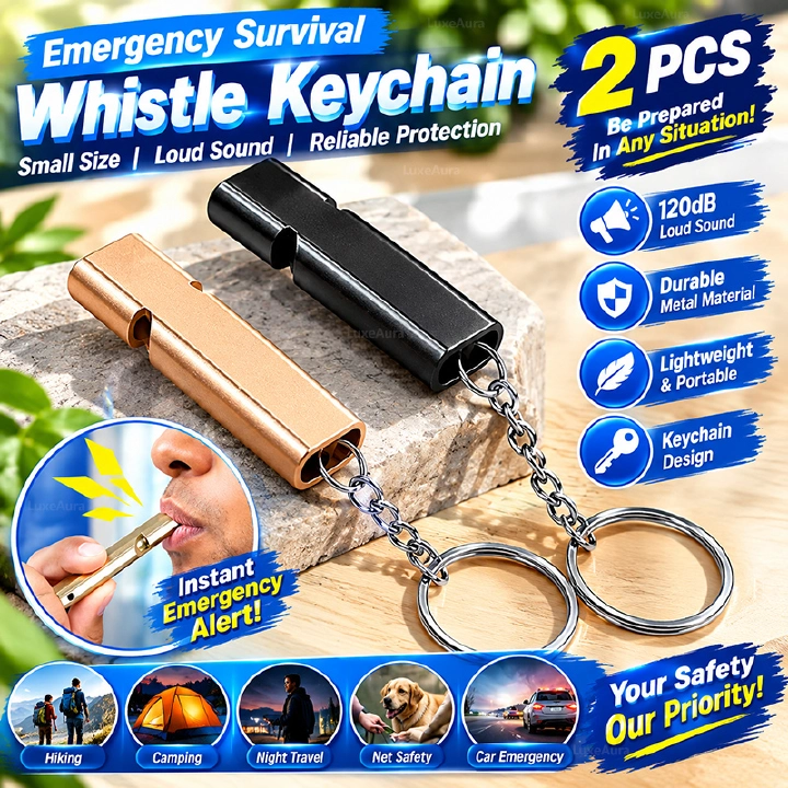 2PCS Aluminum Alloy Referee Whistle, Loud Sports Whistle with Keychain, Double-Tube High Decibel Emergency Survival Whistle for Basketball, Football, Training, Outdoor Activities and Safety