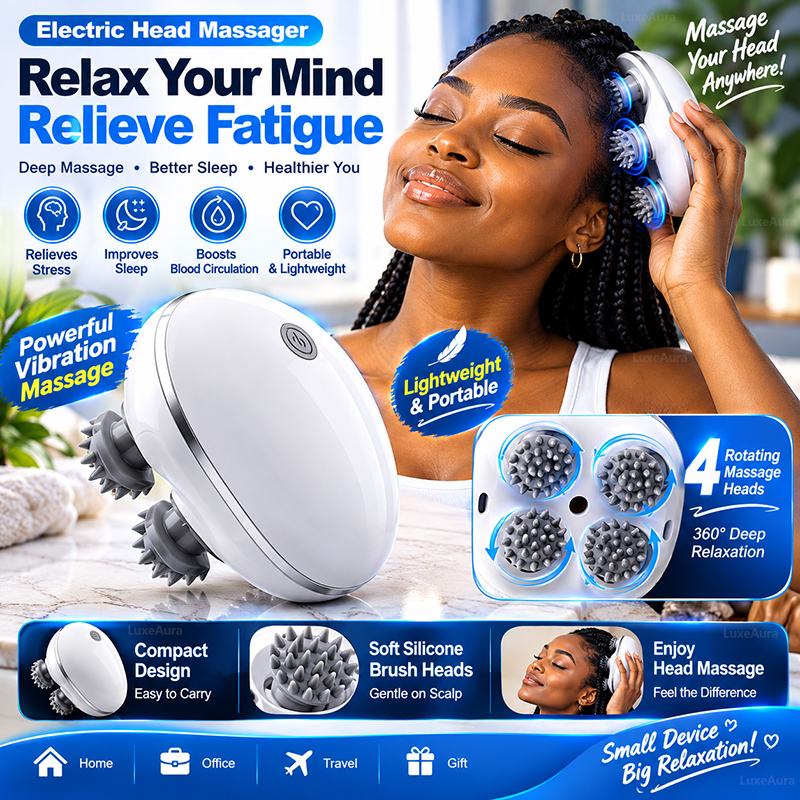 Electric Scalp Massager, Deep Cleaning Head Massager with Kneading & Vibration, Portable Head Neck Shoulder Body Massager, Relaxation Massage Tool for Home, Travel & Pets