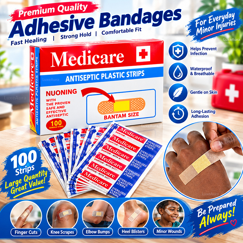 100PCS Adhesive Bandages, Flexible Fabric Band-Aids, Breathable First Aid Plasters for Minor Cuts, Scrapes and Blisters, Portable Wound Care for Home, Travel and Outdoor Use