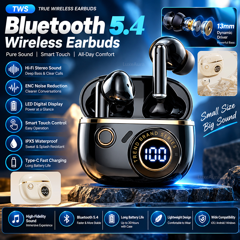 True Wireless In-Ear Headphones Ultra Long Battery Life Bluetooth Earpods Noise Cancelling Waterproof Sports Earbuds Sleek Design Comfortable Fit Premium Sound Gaming Earphones for Sport