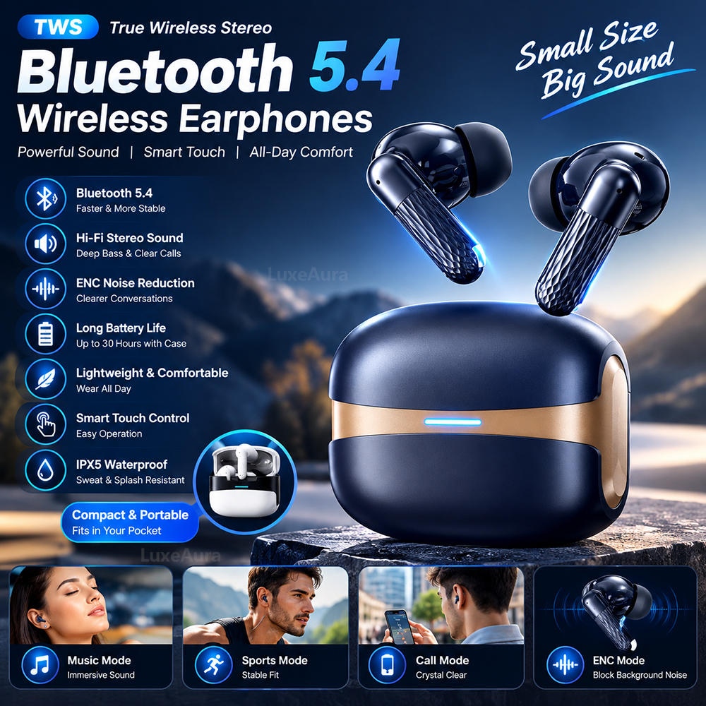 TWS Wireless Earbuds Bluetooth 5.4 Earphones ENC Noise Reduction HiFi Deep Bass IPX5 Waterproof Long Battery Life Smart Touch Control Sport Headset For Android iOS