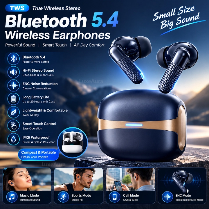 TWS Wireless Earbuds Bluetooth 5.4 Earphones ENC Noise Reduction HiFi Deep Bass IPX5 Waterproof Long Battery Life Smart Touch Control Sport Headset For Android iOS