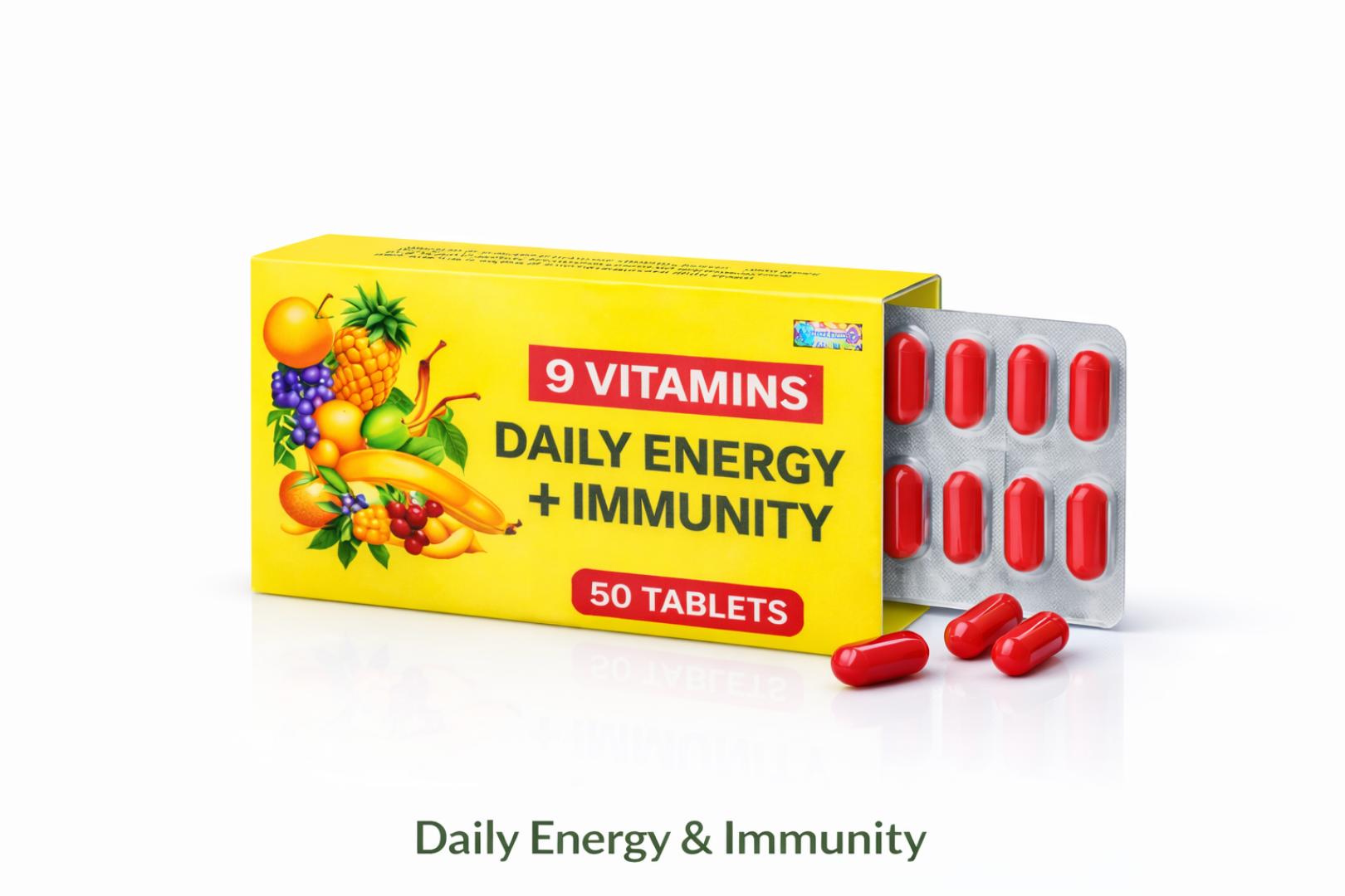 9-in-1 Daily Energy & Immunity Vitamins | Boost Energy, Support Skin & Immunity | Vitamin A B C D E Complex | Anti-Fatigue Supplement | 50 Tablets Value Pack