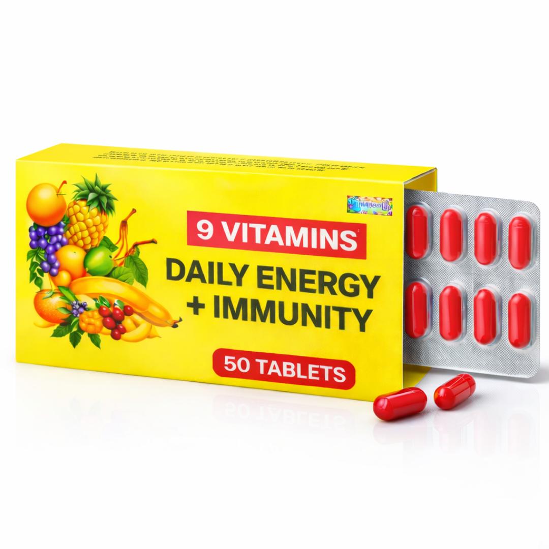 9-in-1 Daily Energy & Immunity Vitamins | Boost Energy, Support Skin & Immunity | Vitamin A B C D E Complex | Anti-Fatigue Supplement | 50 Tablets Value Pack